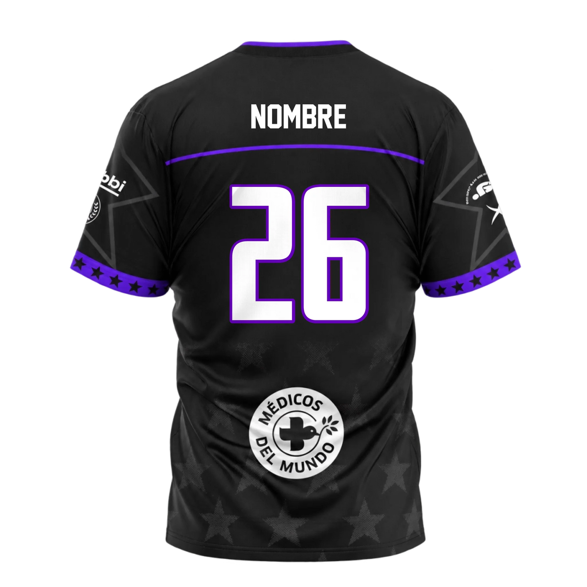 Camiseta negra con detalles morados